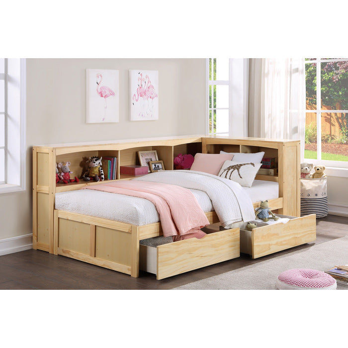 Bartly Natural Pine Twin Bookcase Corner Bed With Storage Boxes