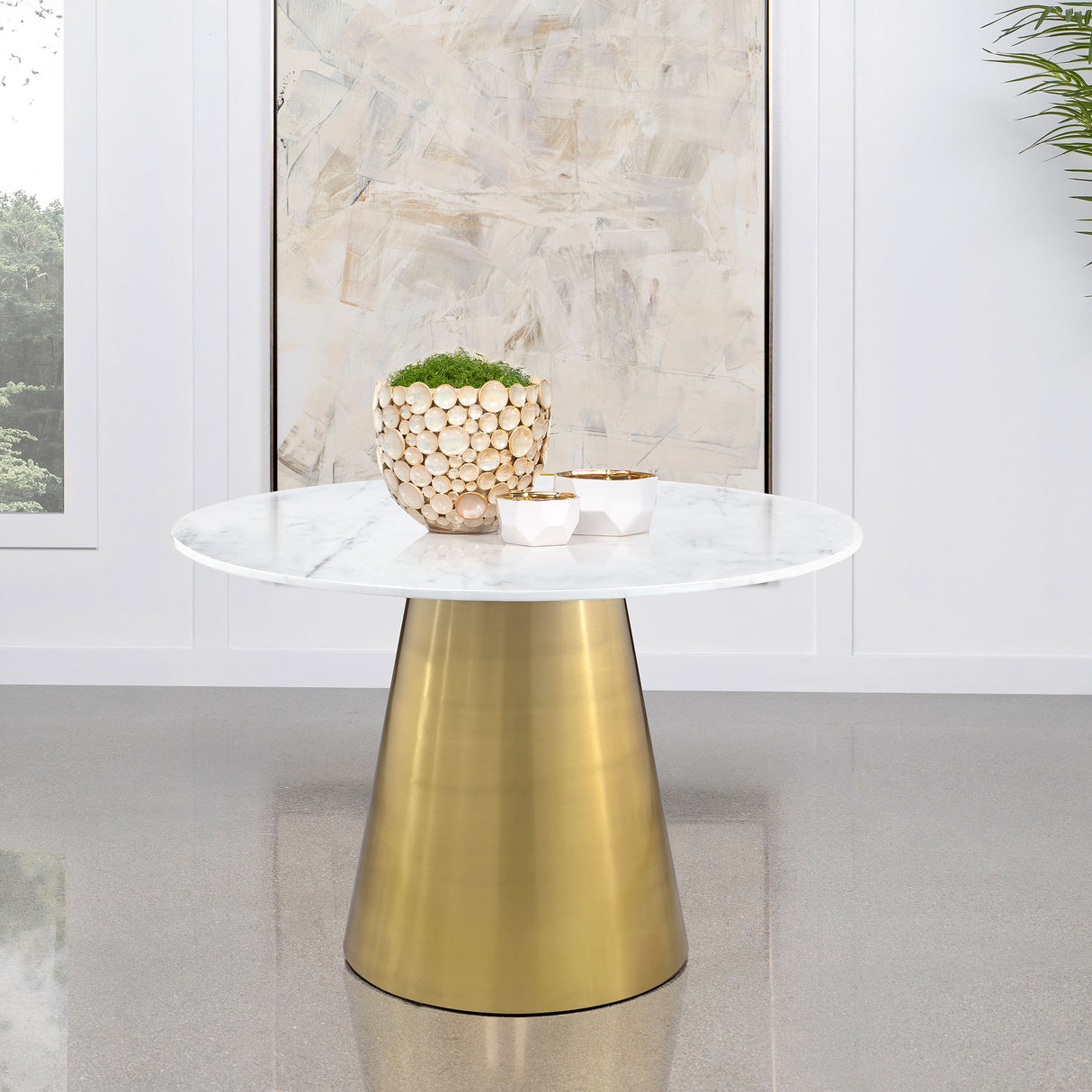 Ambrose White Marble Round 50-Inch Top Dining Table Brushed Gold