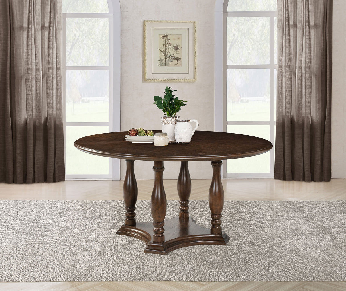 Landon Rich Brown 60-Inch Round Wood Pedestal Dining Table