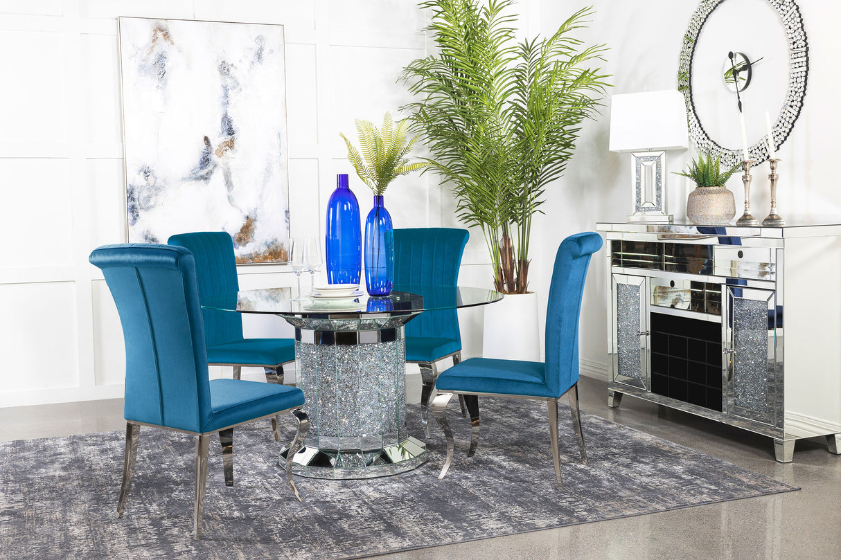 Ellie Blue 5-Piece Mirrored Pedestal Dining Table Set Teal
