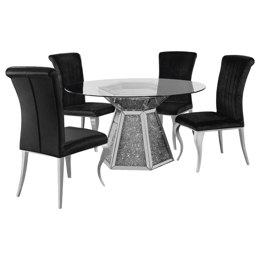 Quinn Black 5-Piece Round Glass Top Mirrored Dining Set