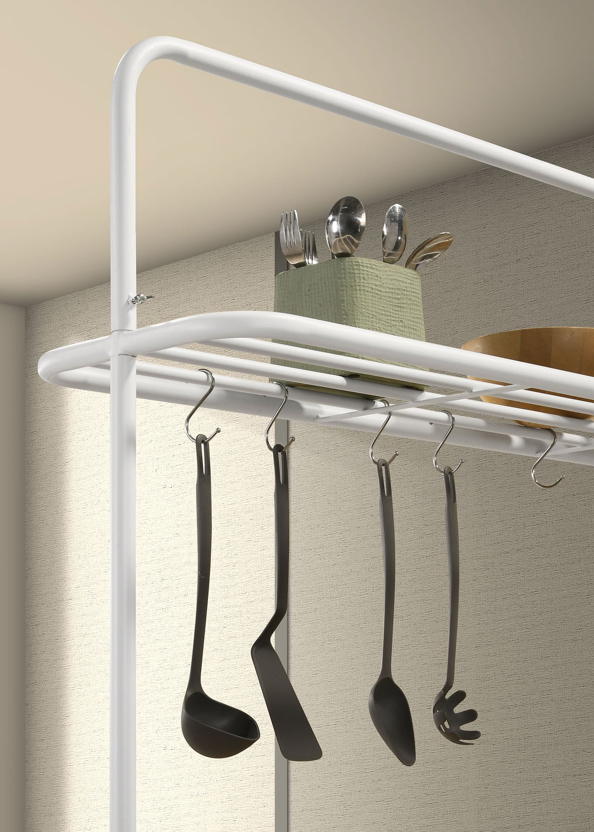 Edgeworth White Kitchen Island Counter Table With Pot Rack