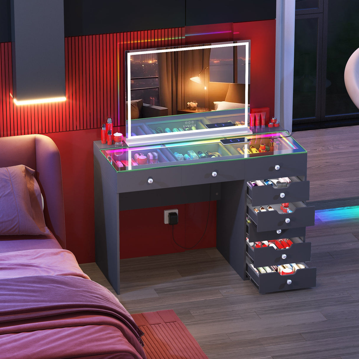 Diana RGB Vanity Desk with Light - 8 Storage Drawers