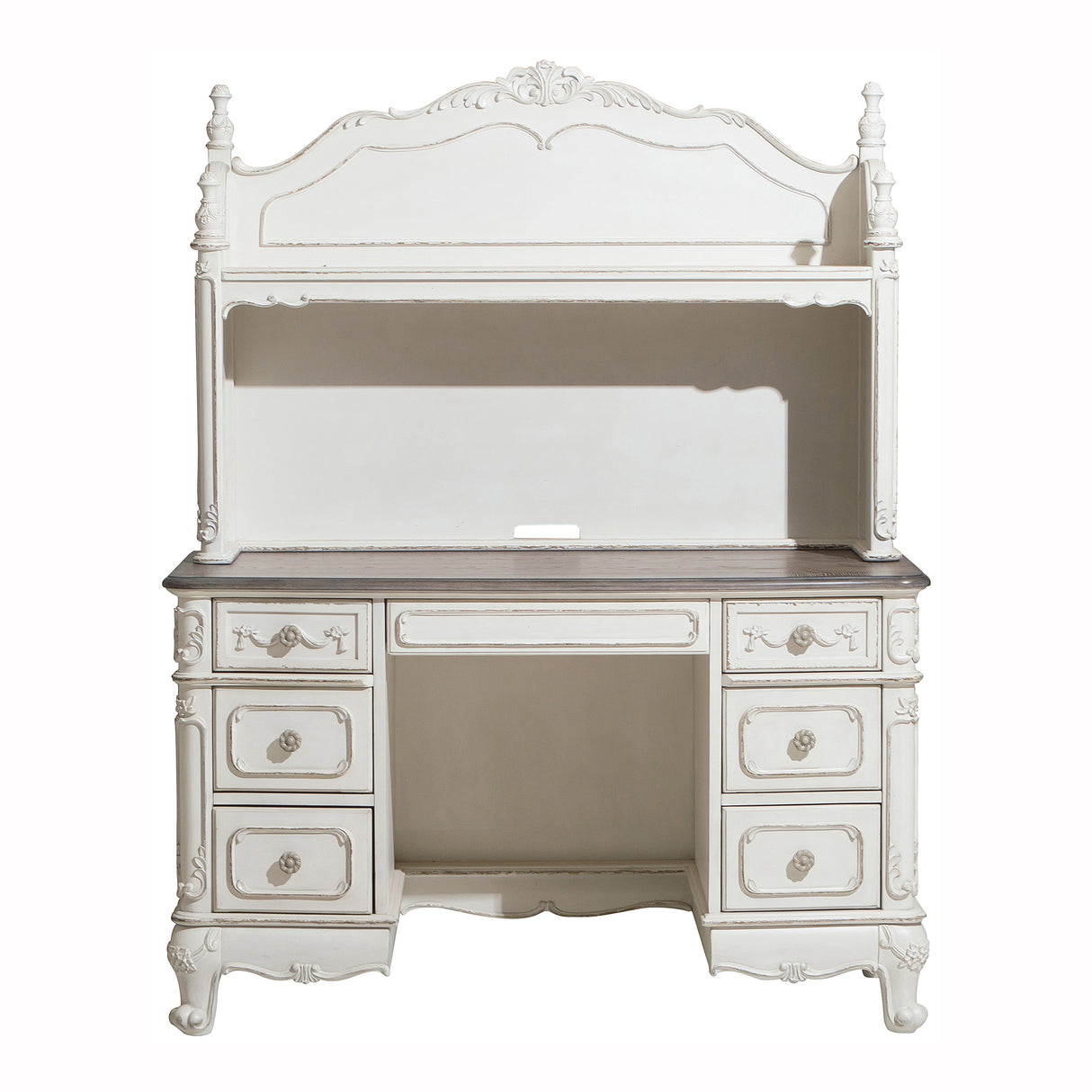 Cinderella Antique White With Gray Rub-Through And Oak Writing Desk Hutch