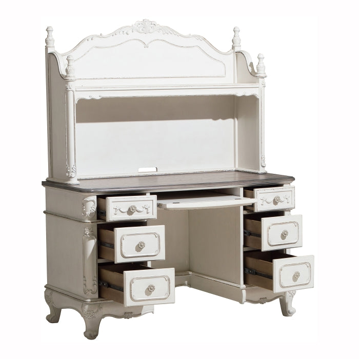 Cinderella Antique White With Gray Rub-Through And Oak Writing Desk Hutch