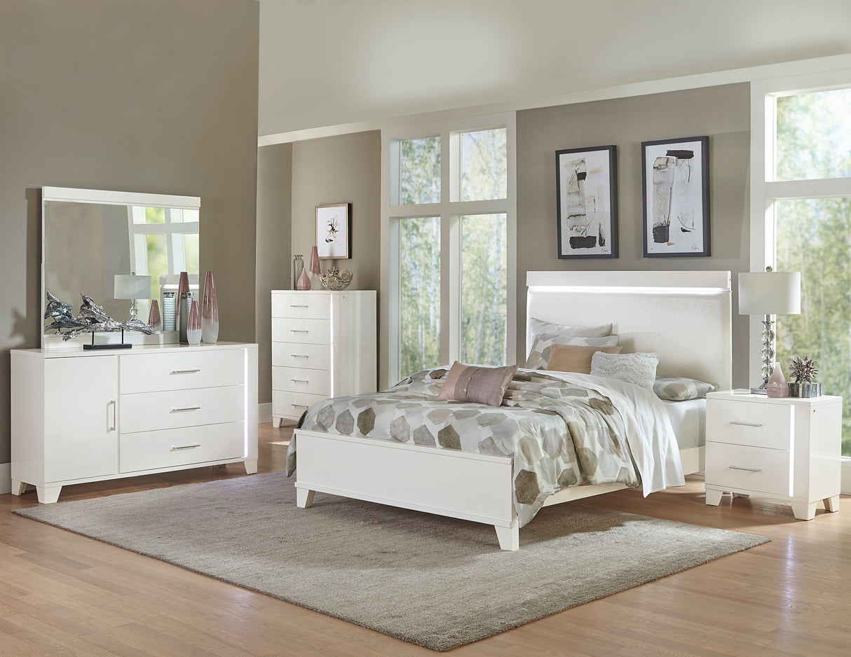 Kerren White High Gloss California King Bed, Led Lighting