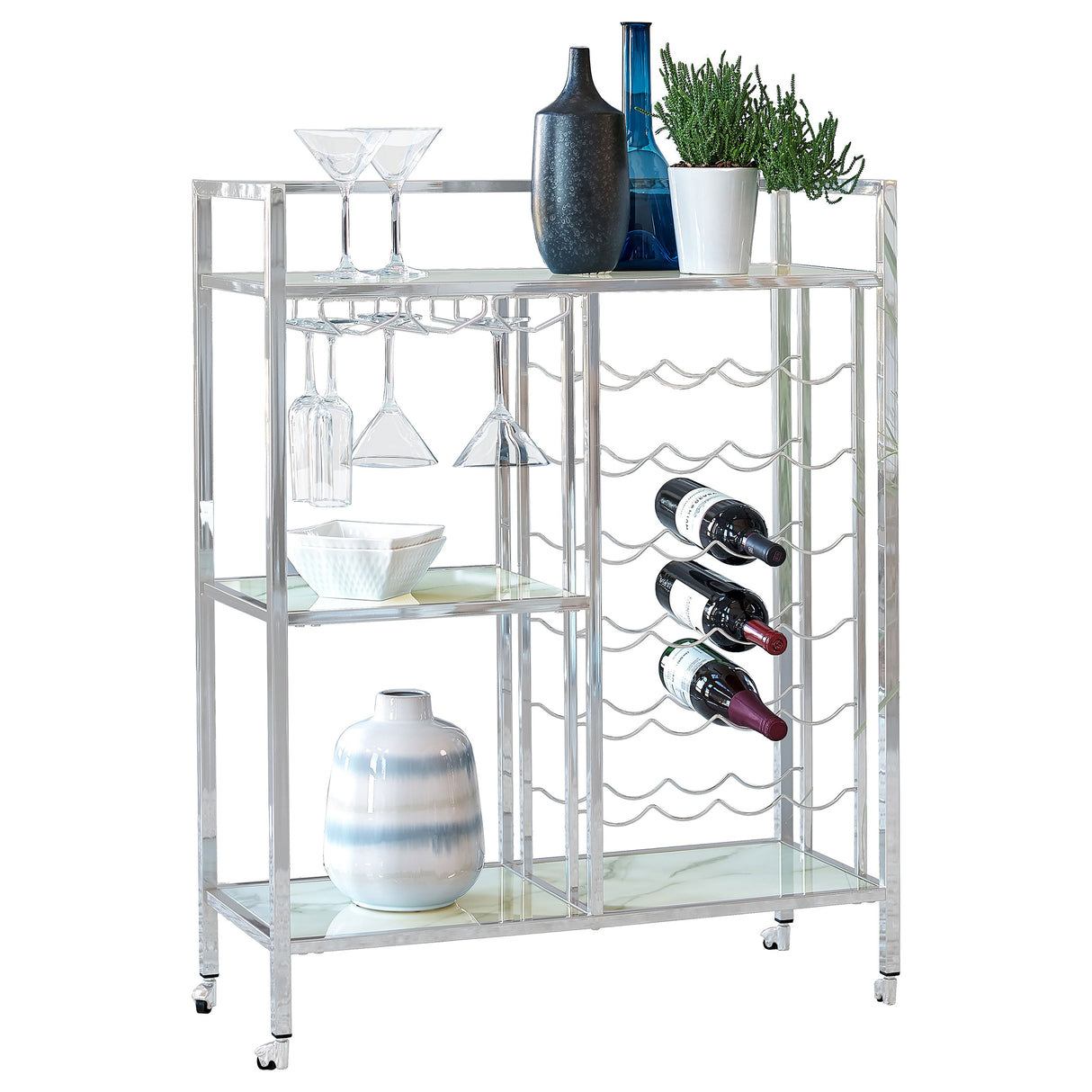 Derion Glass Shelf Serving Cart With Casters Chrome