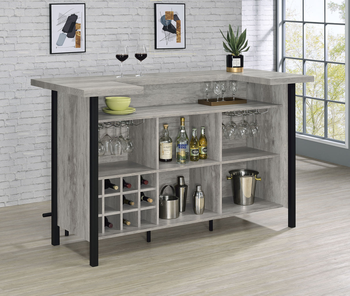 Bellemore Bar Unit With Footrest Grey Driftwood And Black