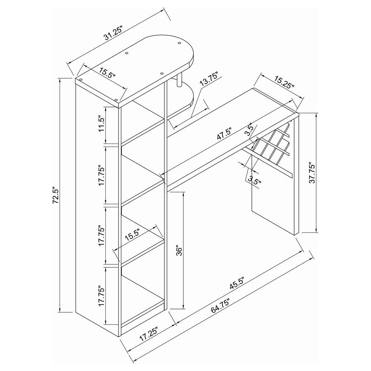 Belvedere 5-Shelf Bar Table Storage Antique Nutmeg