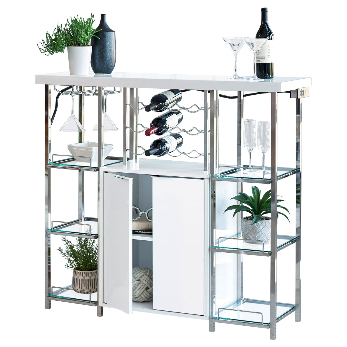 Gallimore 2-Door Bar Cabinet With Glass Shelf High Glossy White And Chrome