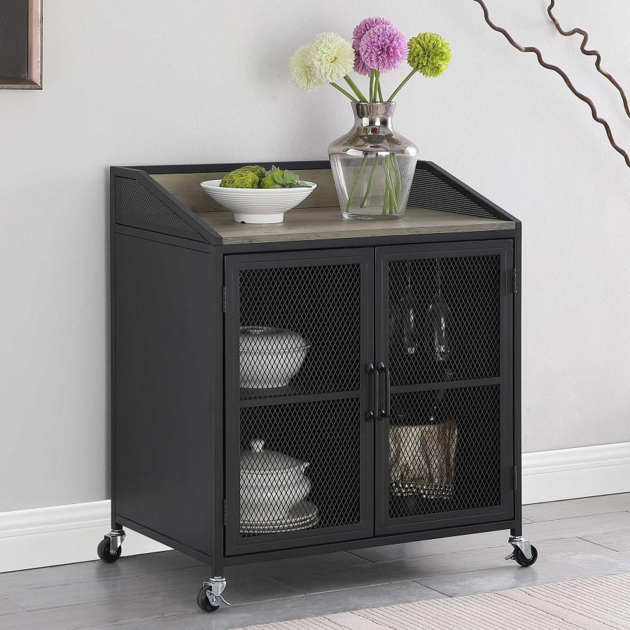 Arlette Wine Cabinet With Wire Mesh Doors Grey Wash And Sandy Black