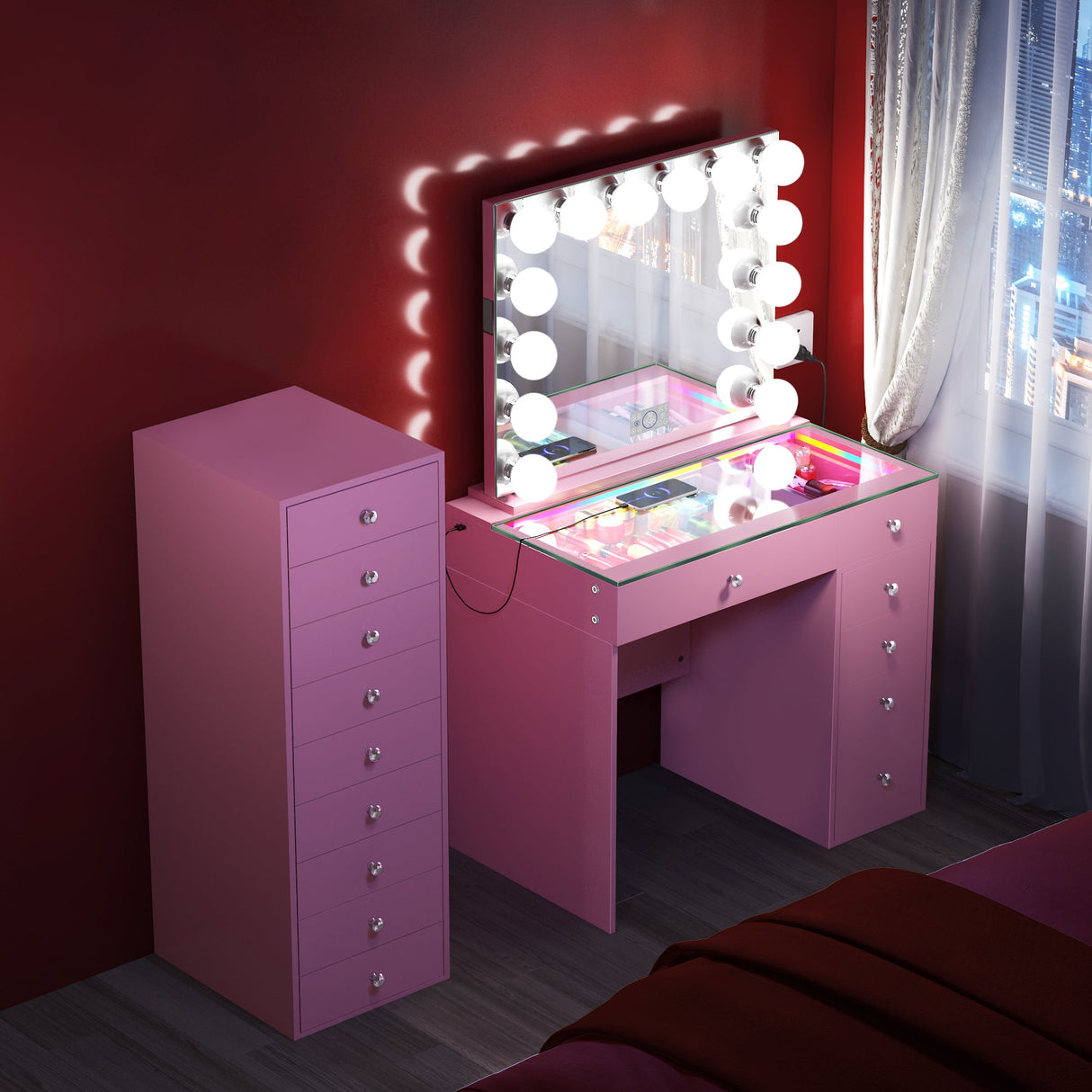 April Promotion ! Mini Diana Vanity Desk with Marilyn Hollywood Vanity Mirror and 9 Drawer Unit (Only sell in California)