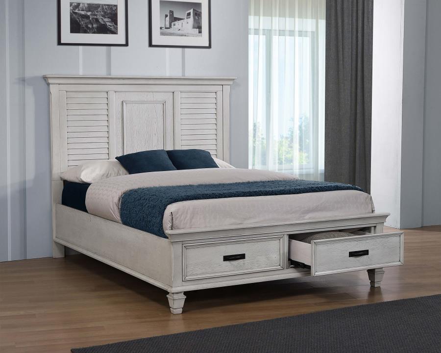 Franco Distressed White Wood Queen Storage Panel Bed