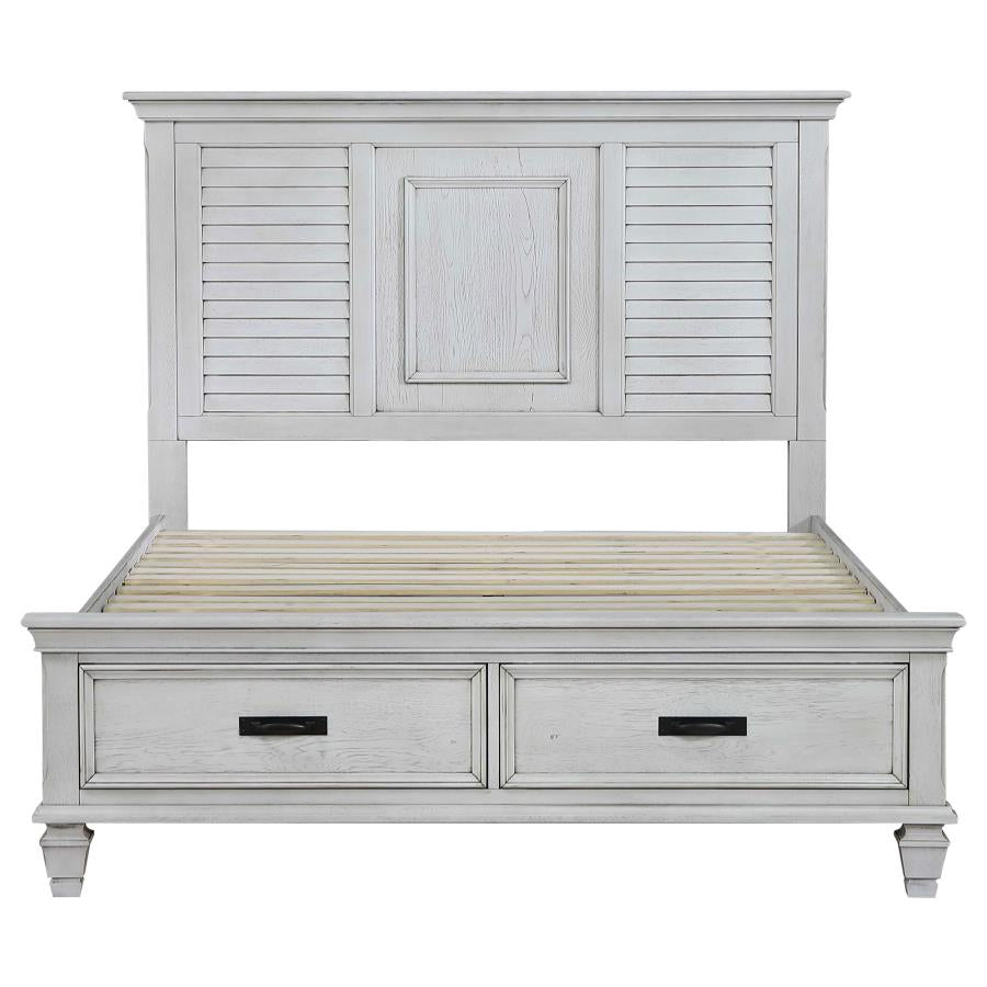 Franco Distressed White Wood Queen Storage Panel Bed
