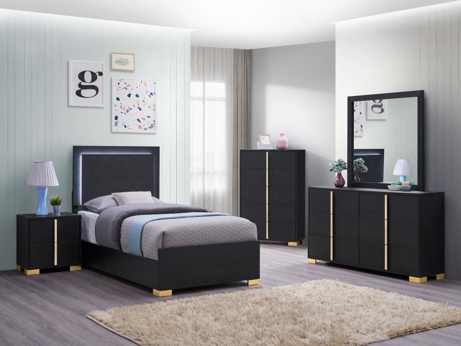 Marceline Black Wood Twin Led Panel Bed