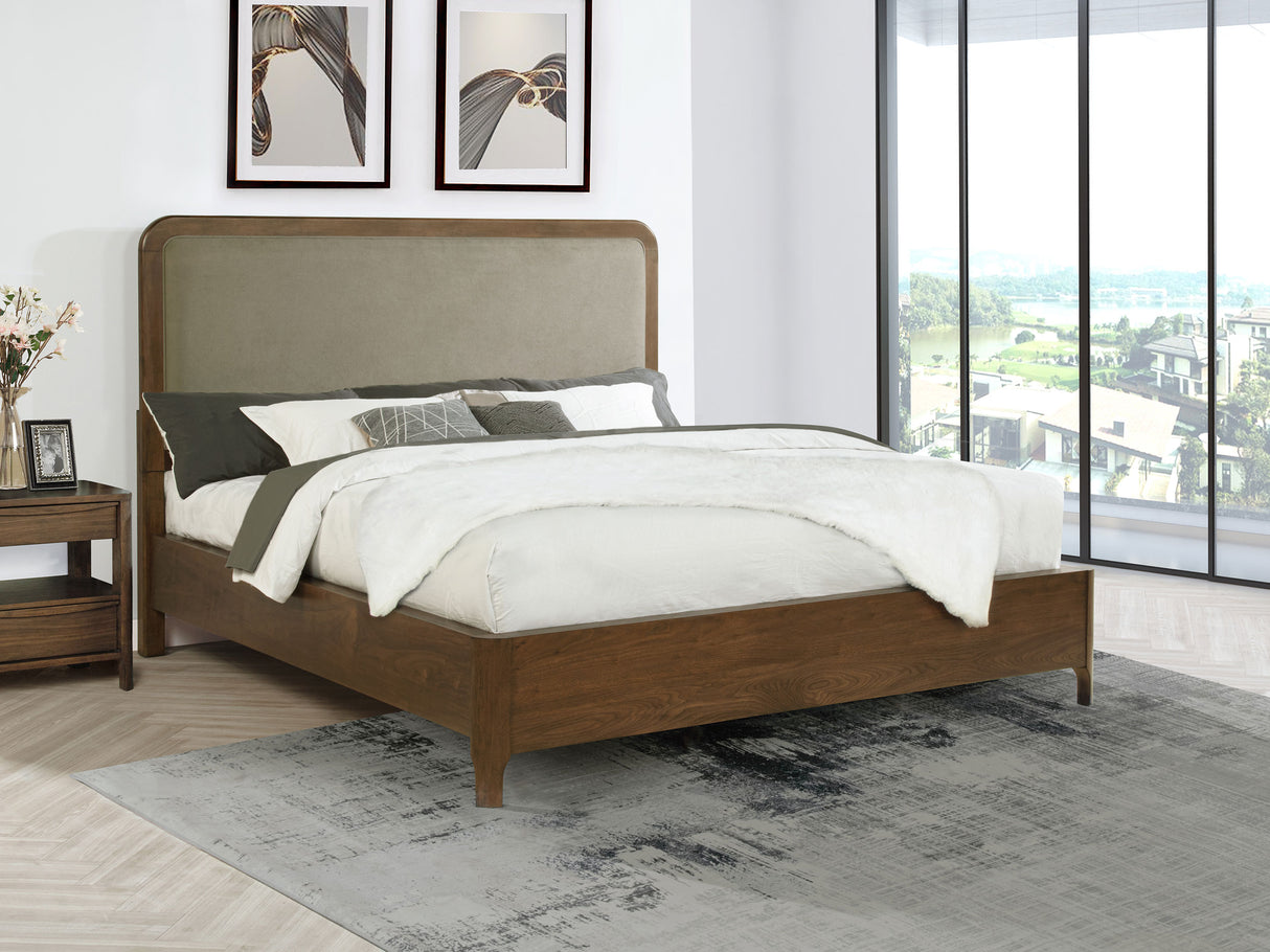 Maderia Walnut 57-Inch Upholstered California King Panel Bed