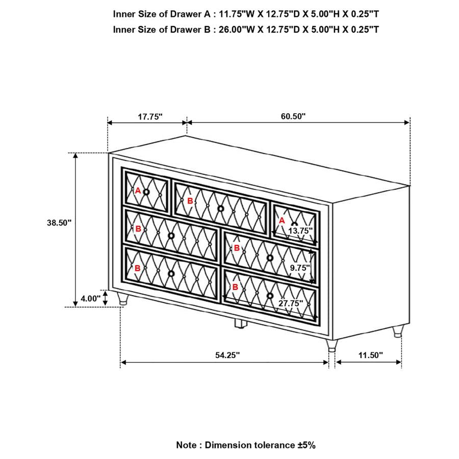 Antonella 7-Drawer Upholstered Dresser Ivory And Camel