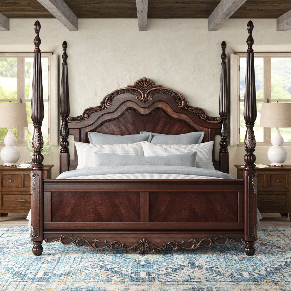 Park Cherry With Gold Tipping Queen Poster Bed