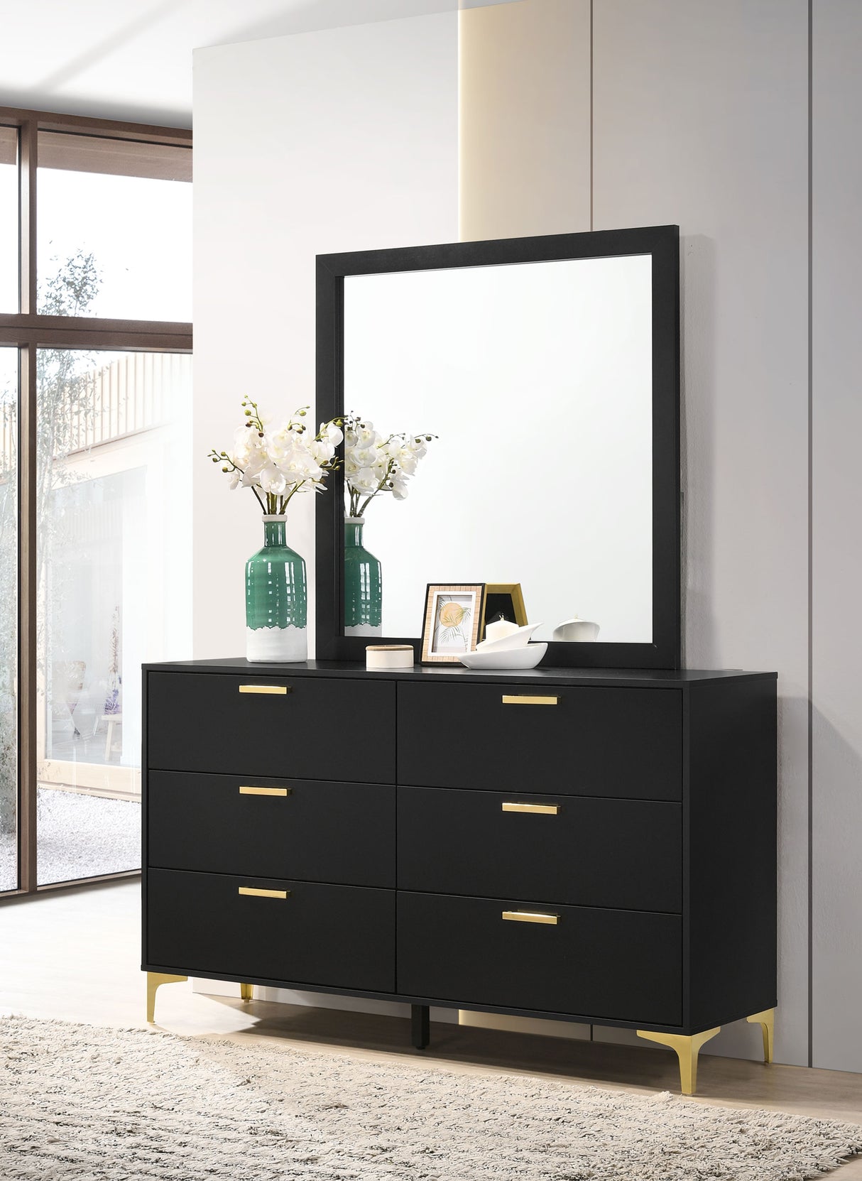 Kendall Black 6-Drawer Dresser With Mirror