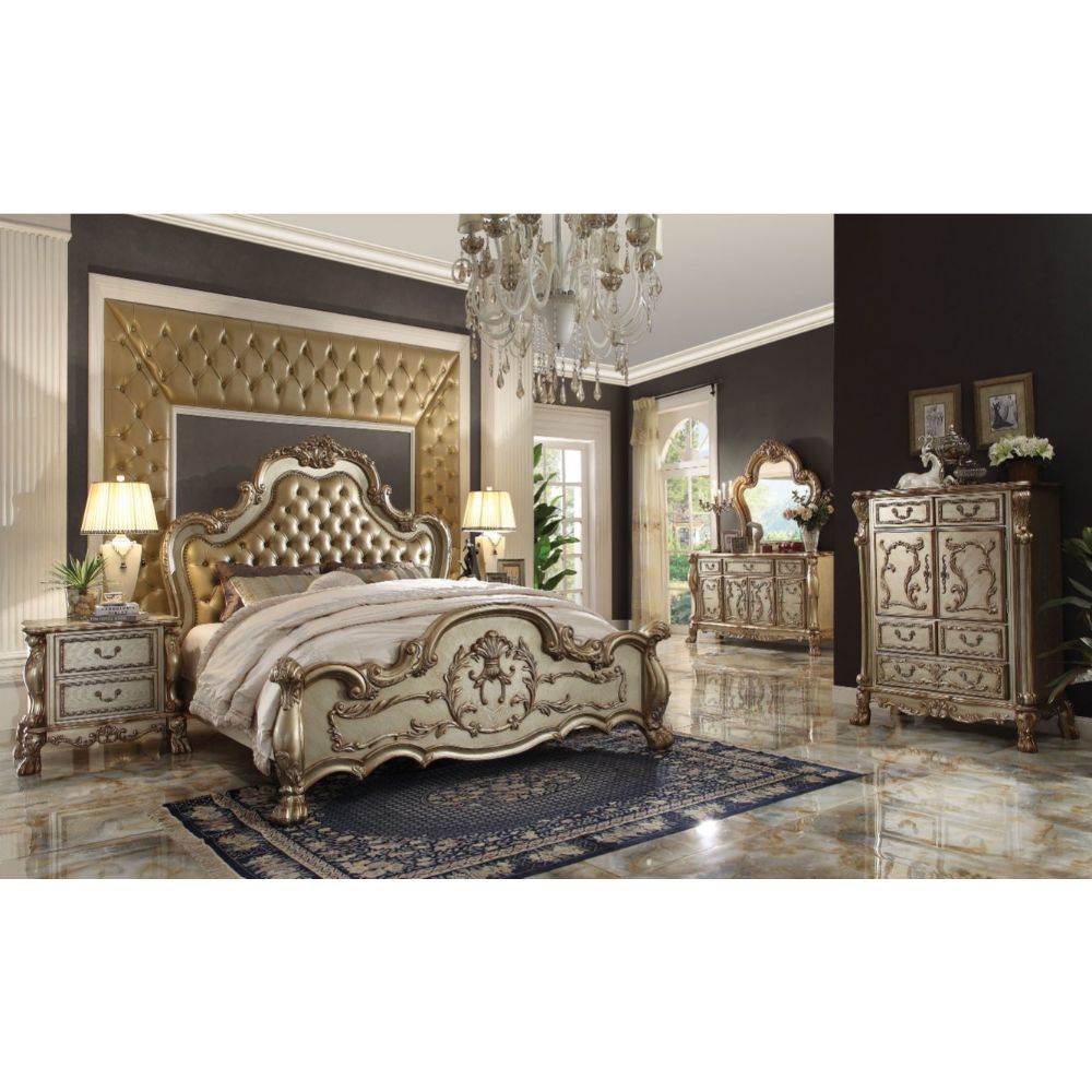 Dresden Bone Synthetic Leather & Gold Patina Finish Eastern King Bed