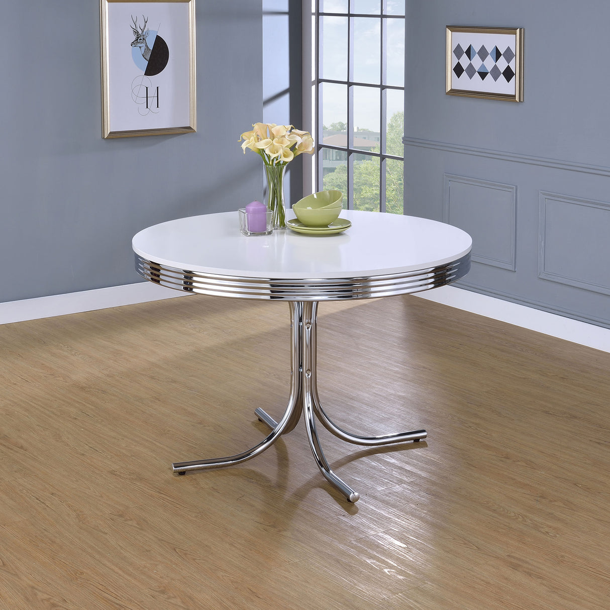Retro Round Dining Table Glossy White And Chrome