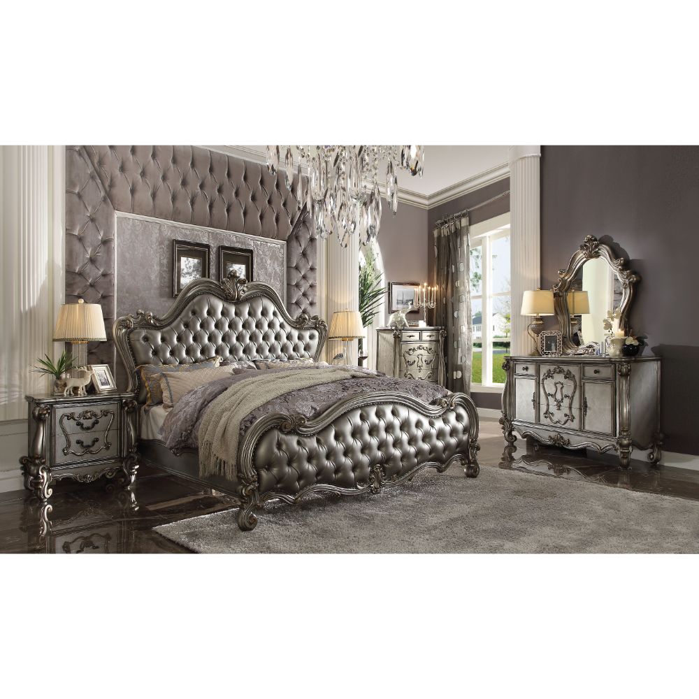 Versailles Silver Synthetic Leather & Antique Platinum Finish Ii California King Bed