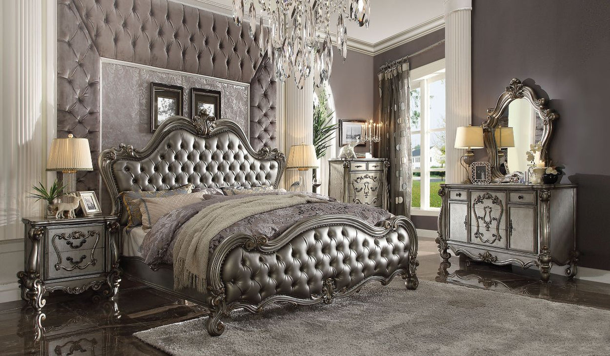 Versailles Silver Synthetic Leather & Antique Platinum Finish Ii Queen Bed