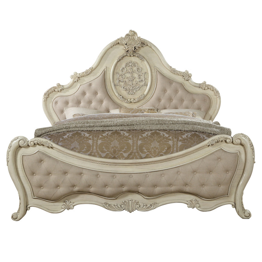 Ragenardus Beige Linen & Antique White Finish Eastern King Bed