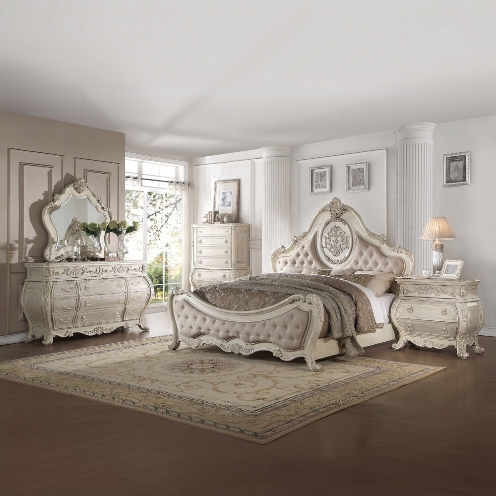Ragenardus Beige Linen & Antique White Finish Eastern King Bed