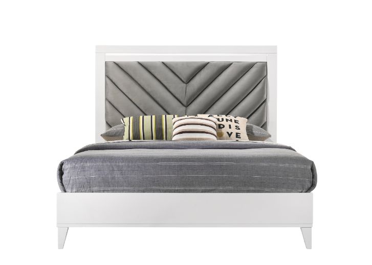 Chelsie Gray Fabric & White Finish Eastern King Bed