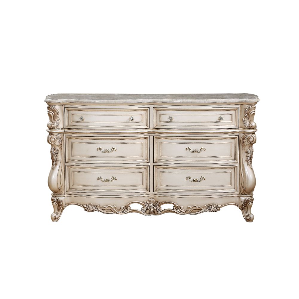 Gorsedd Marble Top & Golden Ivory Finish Dresser