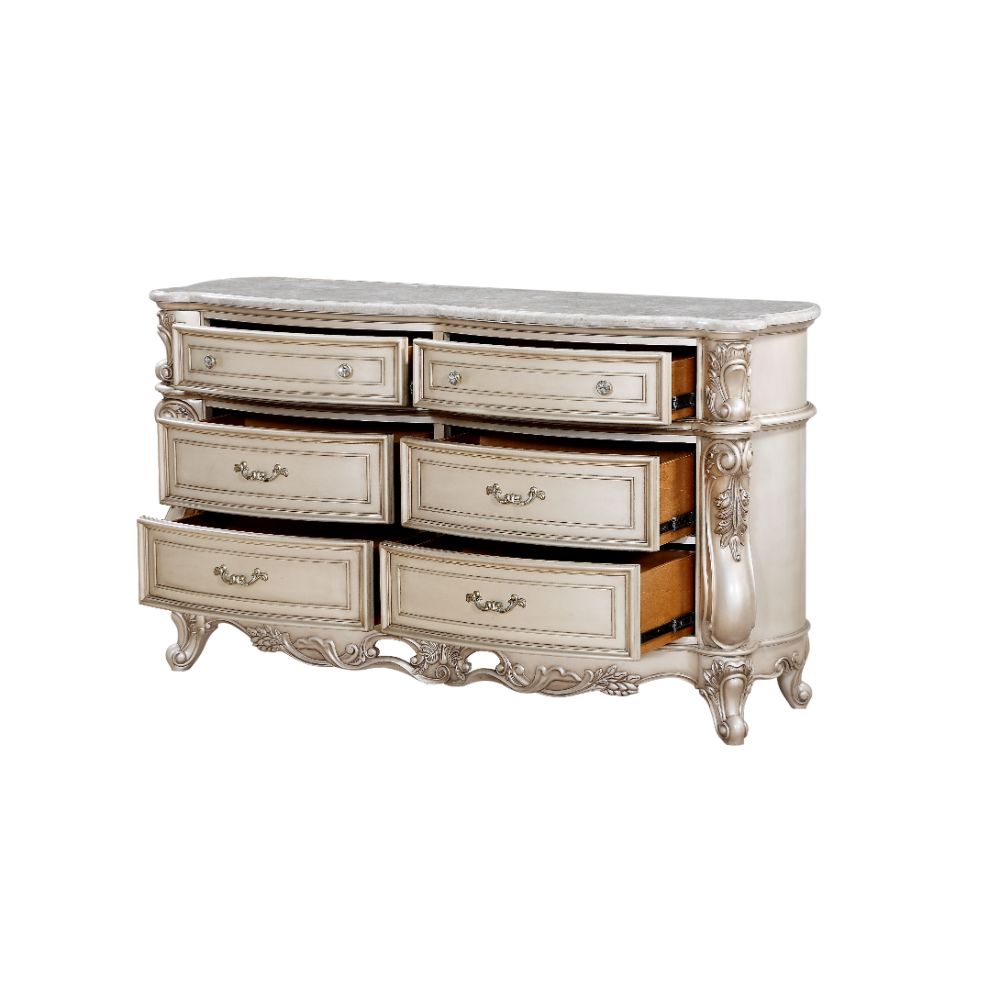 Gorsedd Marble Top & Golden Ivory Finish Dresser