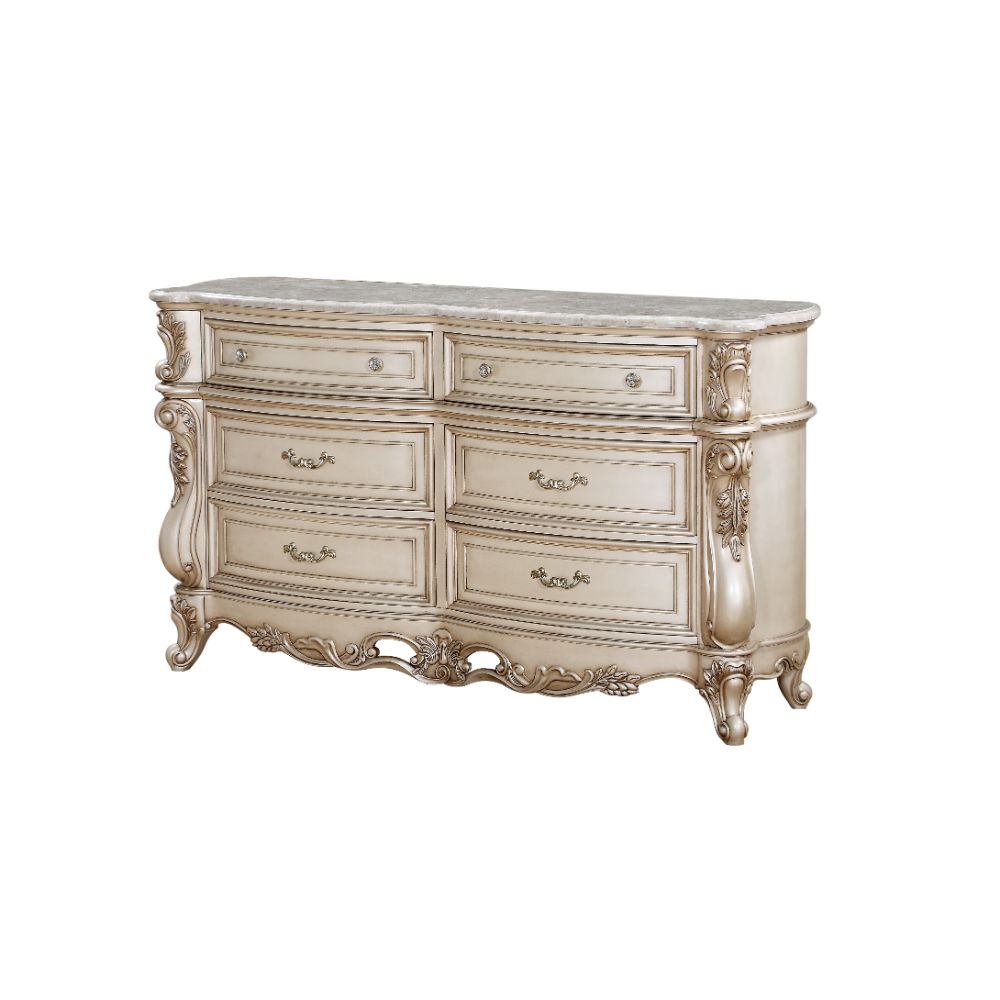 Gorsedd Marble Top & Golden Ivory Finish Dresser
