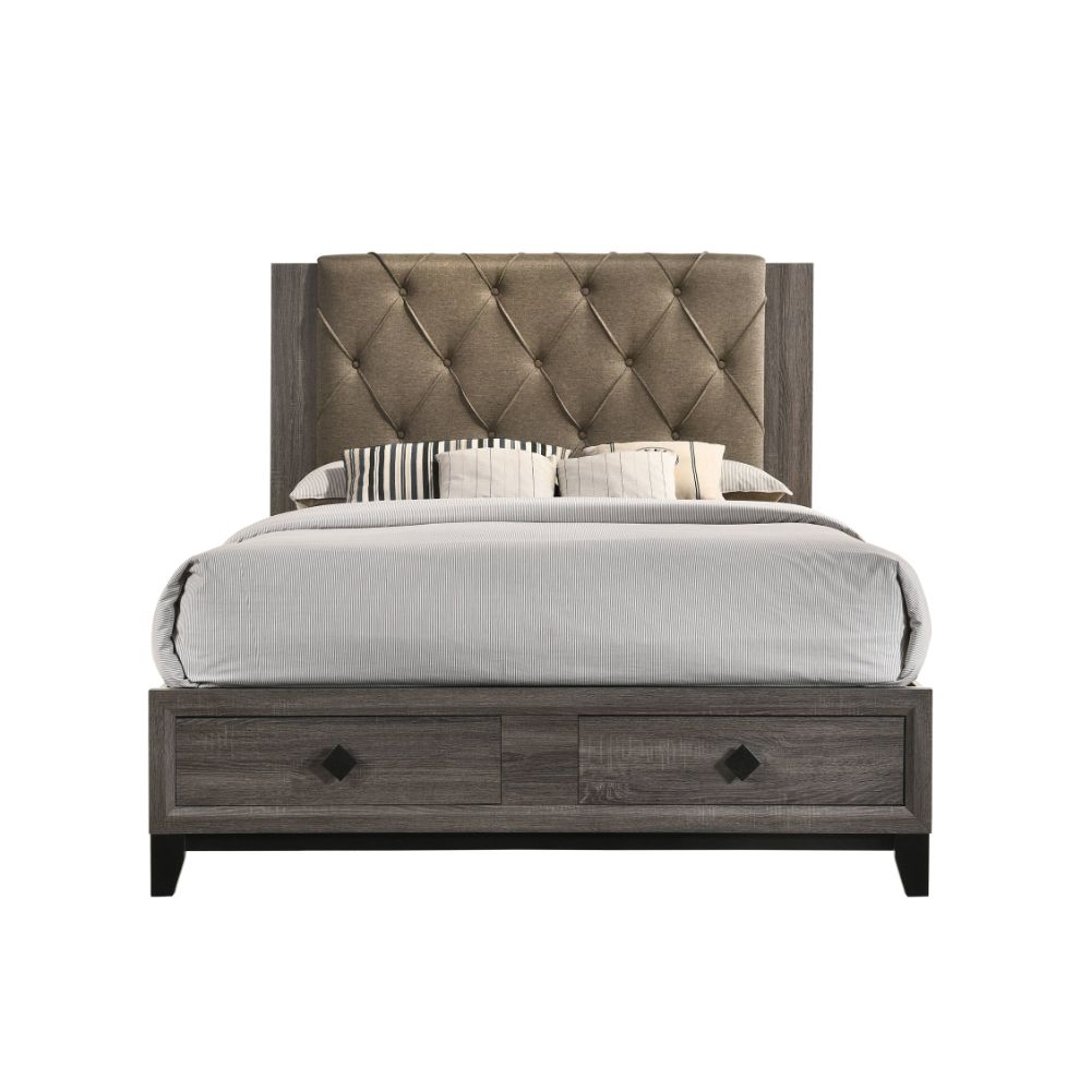 Avantika Fabric & Rustic Gray Oak Finish Queen Bed