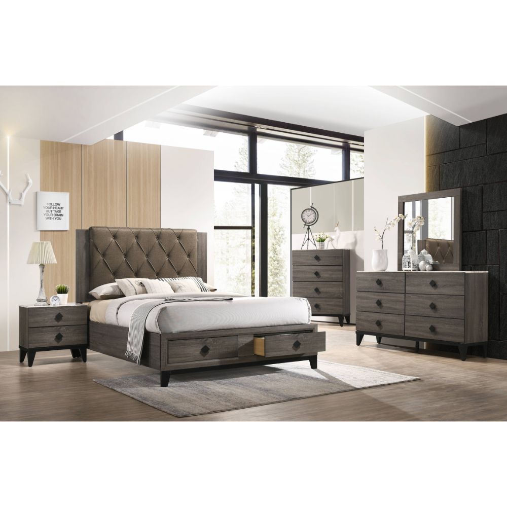 Avantika Fabric & Rustic Gray Oak Finish Queen Bed