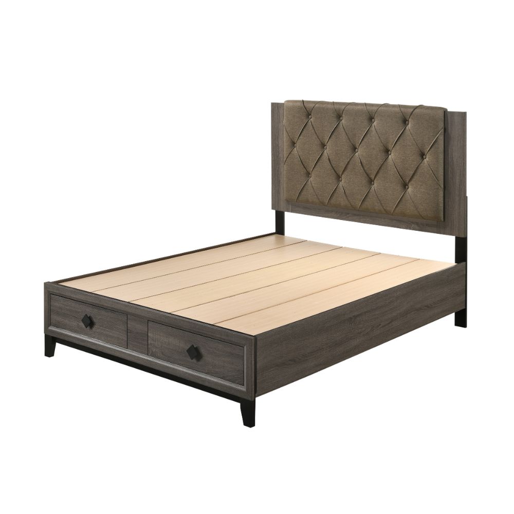 Avantika Fabric & Rustic Gray Oak Finish Queen Bed