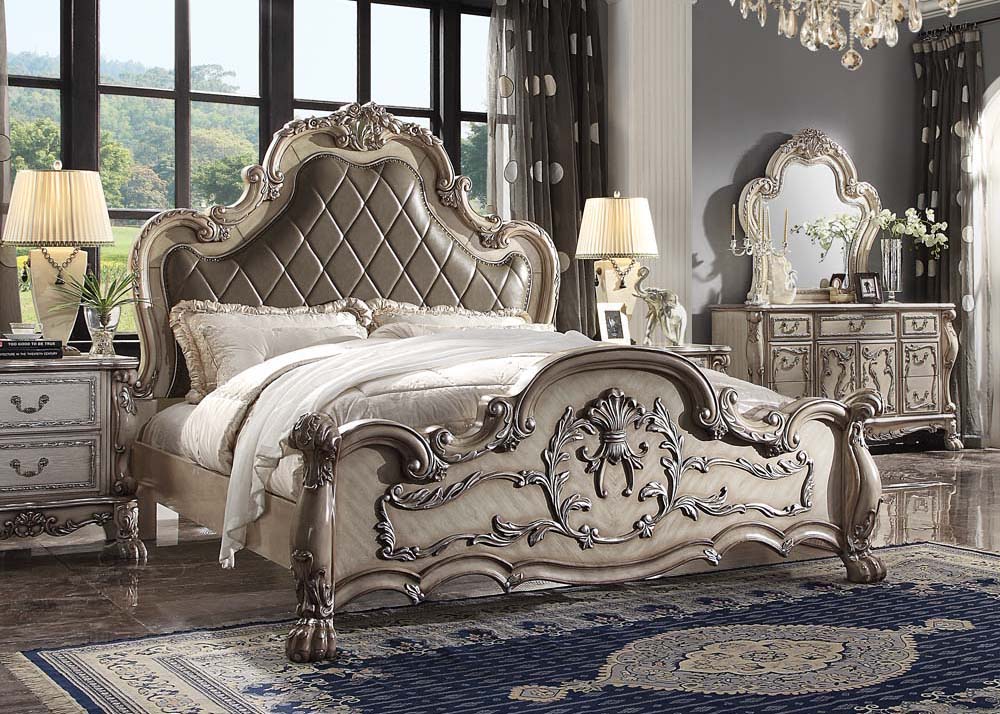 Dresden Synthetic Leather & Vintage Bone White Finish Eastern King Bed