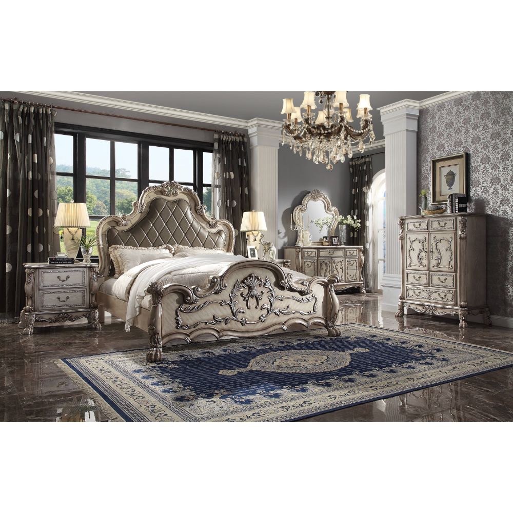 Dresden Synthetic Leather & Vintage Bone White Finish Queen Bed