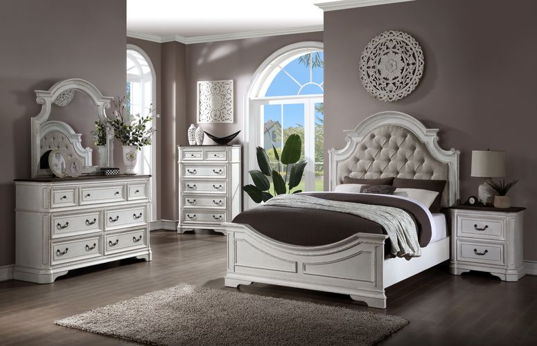 Florian Beige Synthetic Leather & Antique White Finish Queen Bed