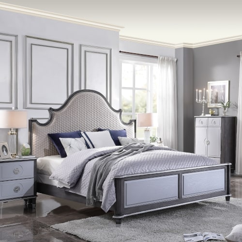 House Two Tone Beige Fabric, Charcoal & Light Gray Finish Beatrice Queen Bed