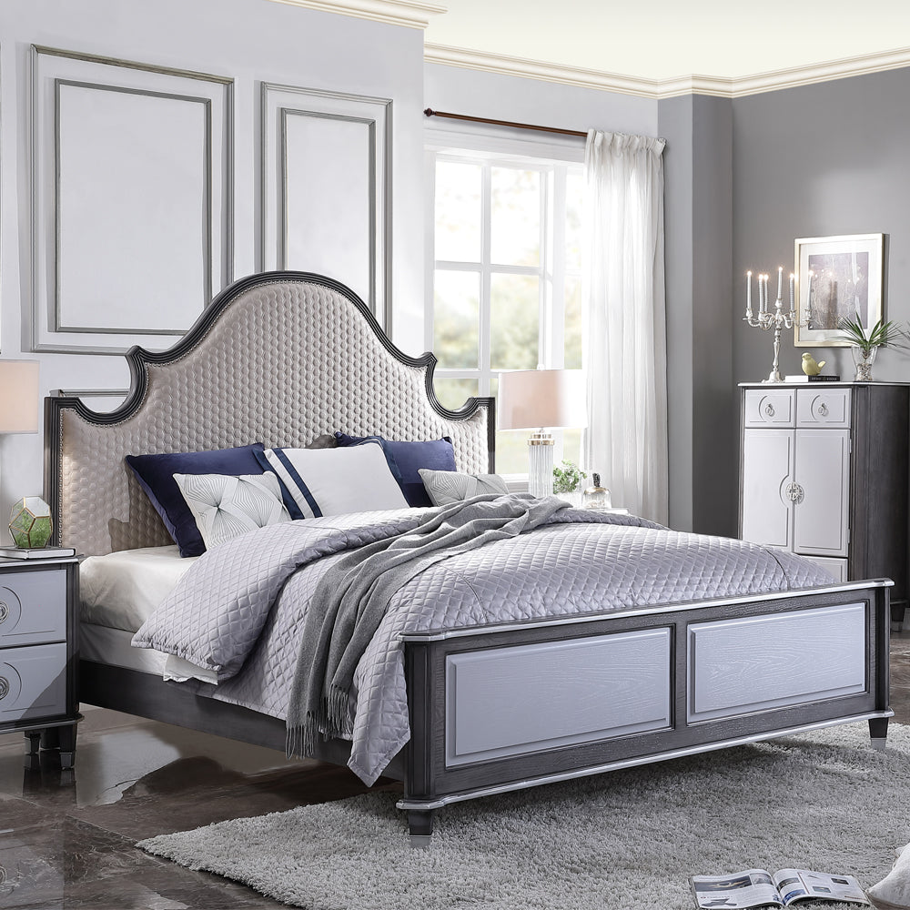 House Two Tone Beige Fabric, Charcoal & Light Gray Finish Beatrice Queen Bed