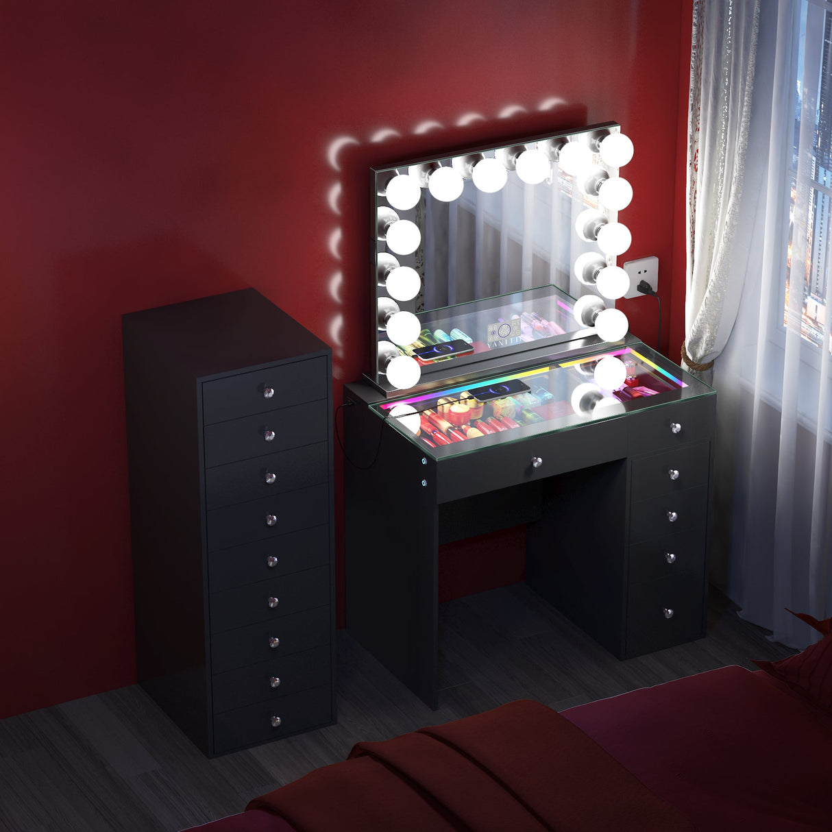 April Promotion ! Mini Diana Vanity Desk with Marilyn Hollywood Vanity Mirror and 9 Drawer Unit (Only sell in California)