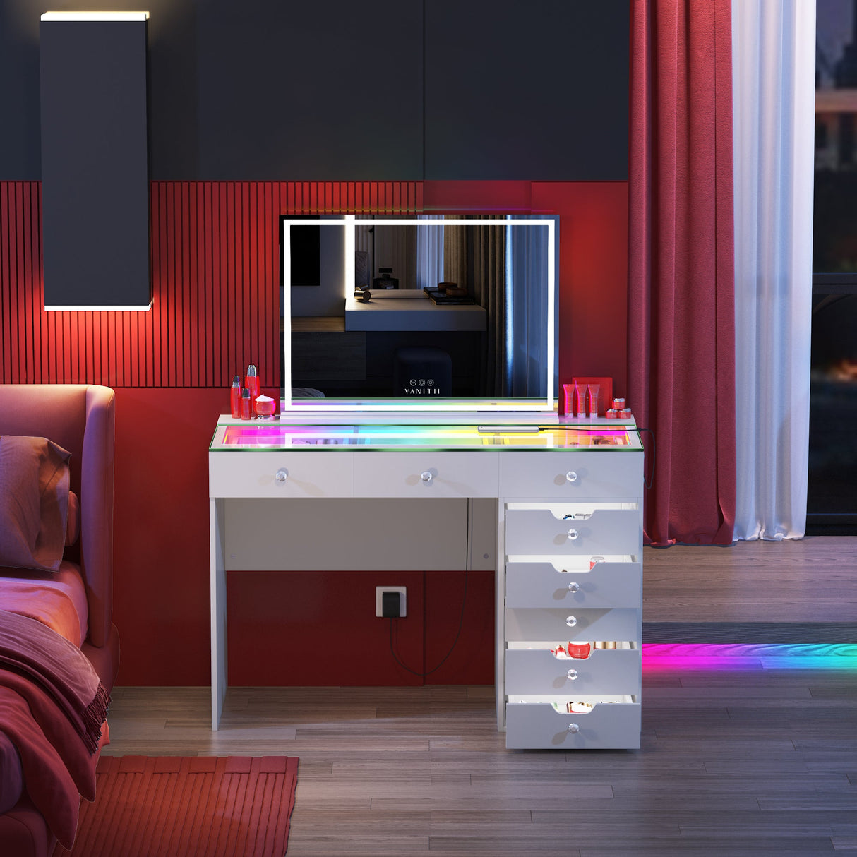Diana RGB Vanity Desk with Light - 8 Storage Drawers