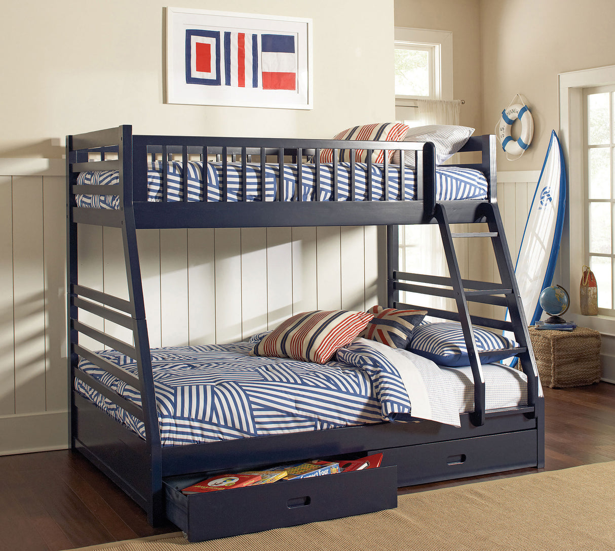 Ashton Navy Blue 2-Drawer Wood Twin Over Full Bunk Bed