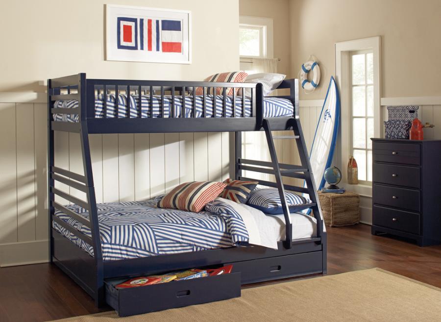 Ashton Navy Blue 2-Drawer Wood Twin Over Full Bunk Bed