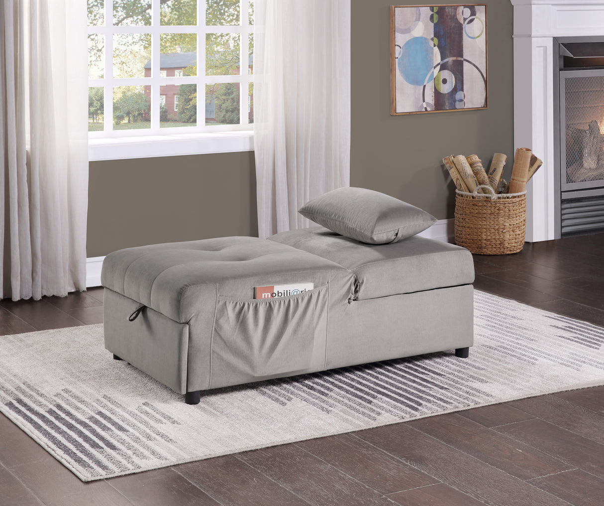 Garrell Brownish Gray Velvet Lift Top Storage Bench with Pull-out Bed