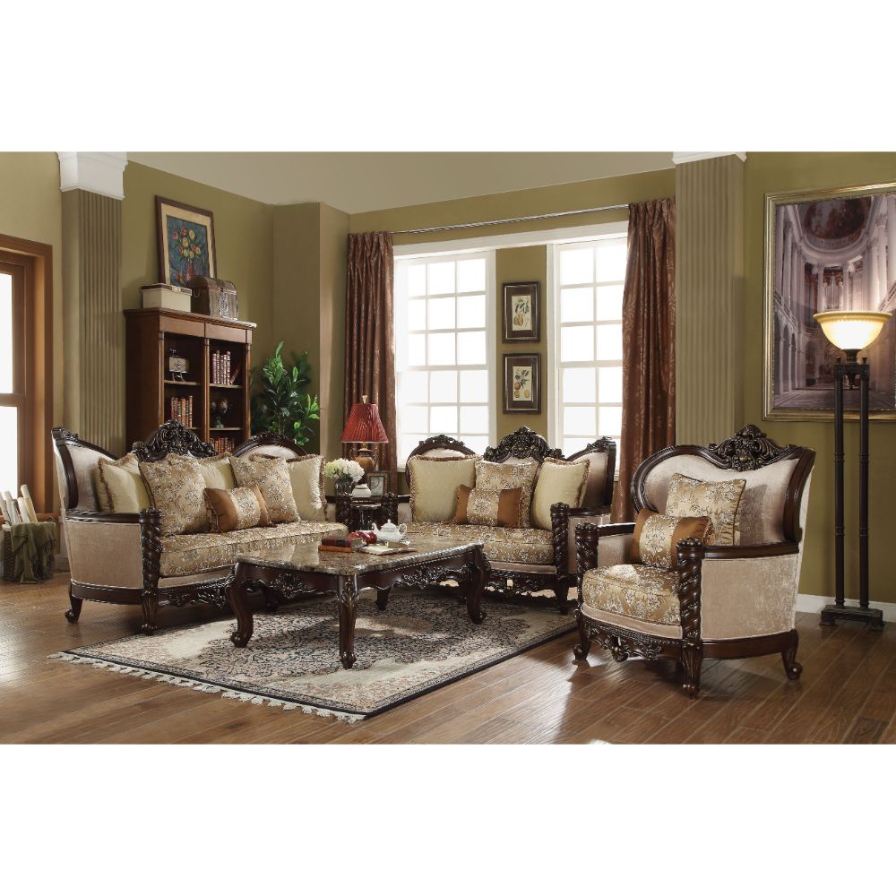 Devayne Pattern Fabric & Dark Walnut Finish Sofa