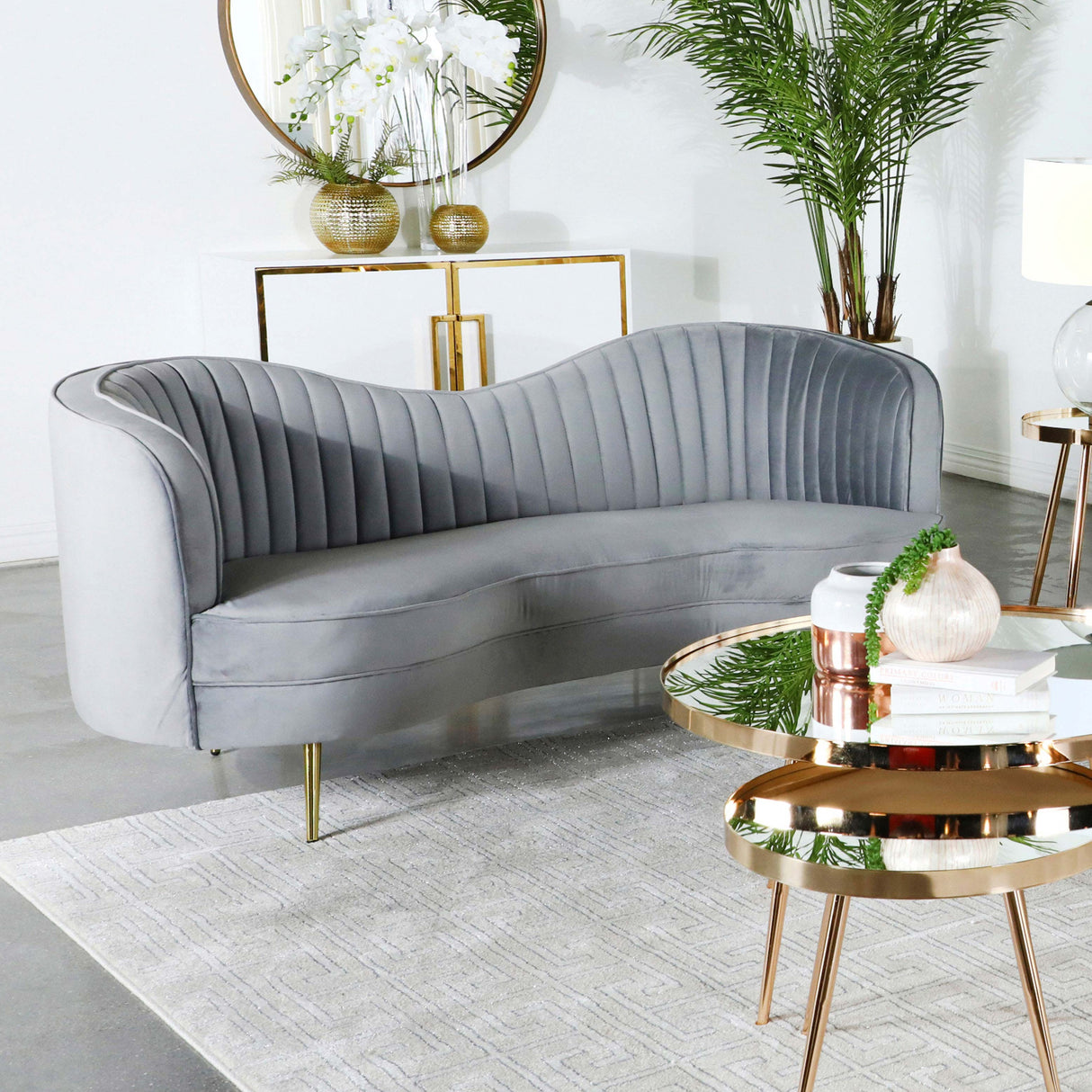 Sophia Upholstered Loveseat With Camel Back Grey And Gold