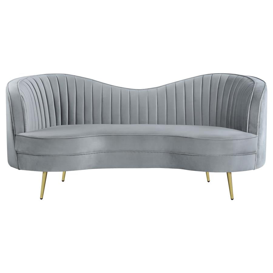 Sophia Upholstered Loveseat With Camel Back Grey And Gold