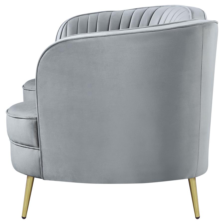 Sophia Upholstered Loveseat With Camel Back Grey And Gold